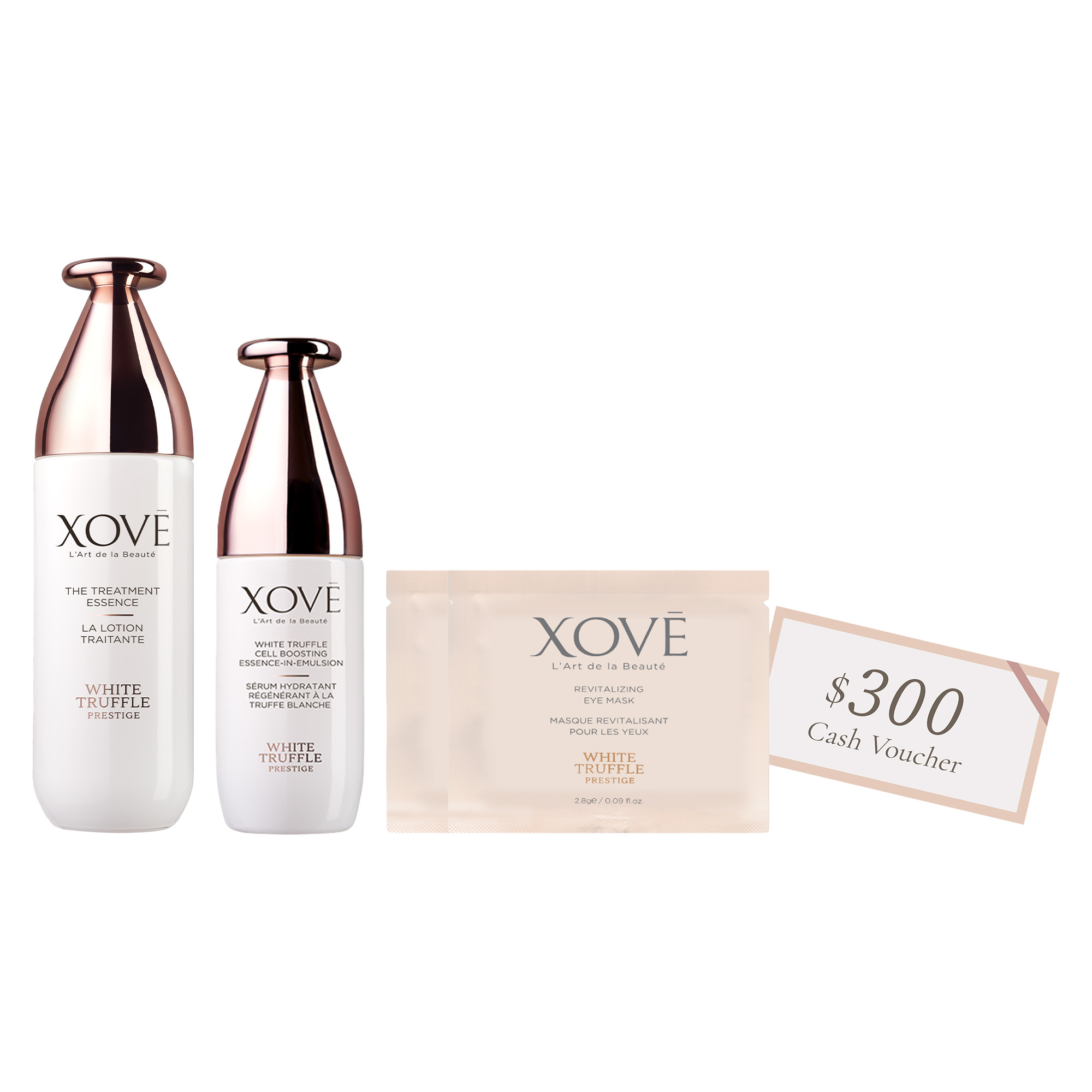 <small>The Treatment Essence 100ml<br>Cellular Brightening Activator 40ml<br>Revitalizing Eye Mask 2.8ml x 2pcs<br>XOVĒ $300 Gift Coupon<br>(Worth: $2,497)</small>